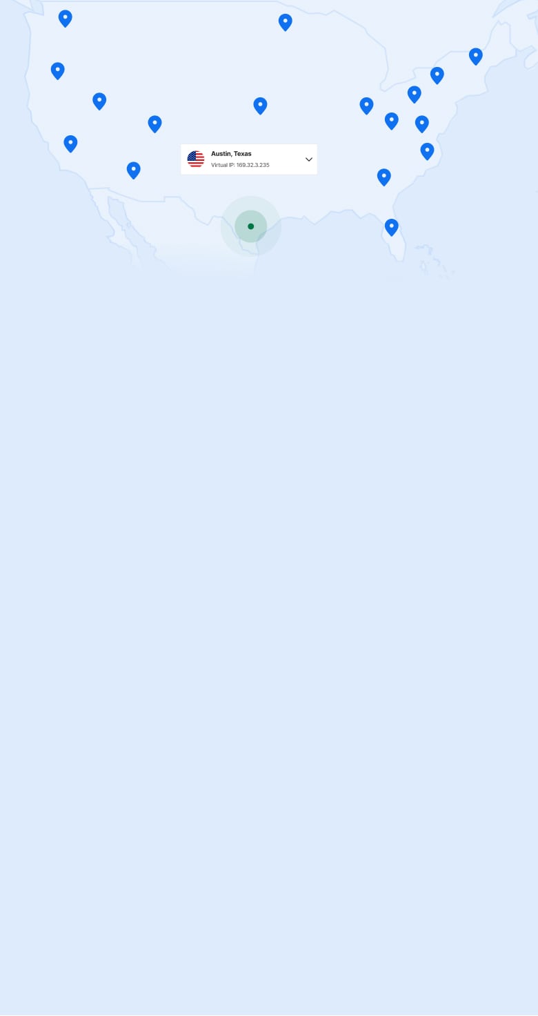 Yhdysvaltojen kartta, jossa on nastoja näyttämässä palvelinten sijainteja